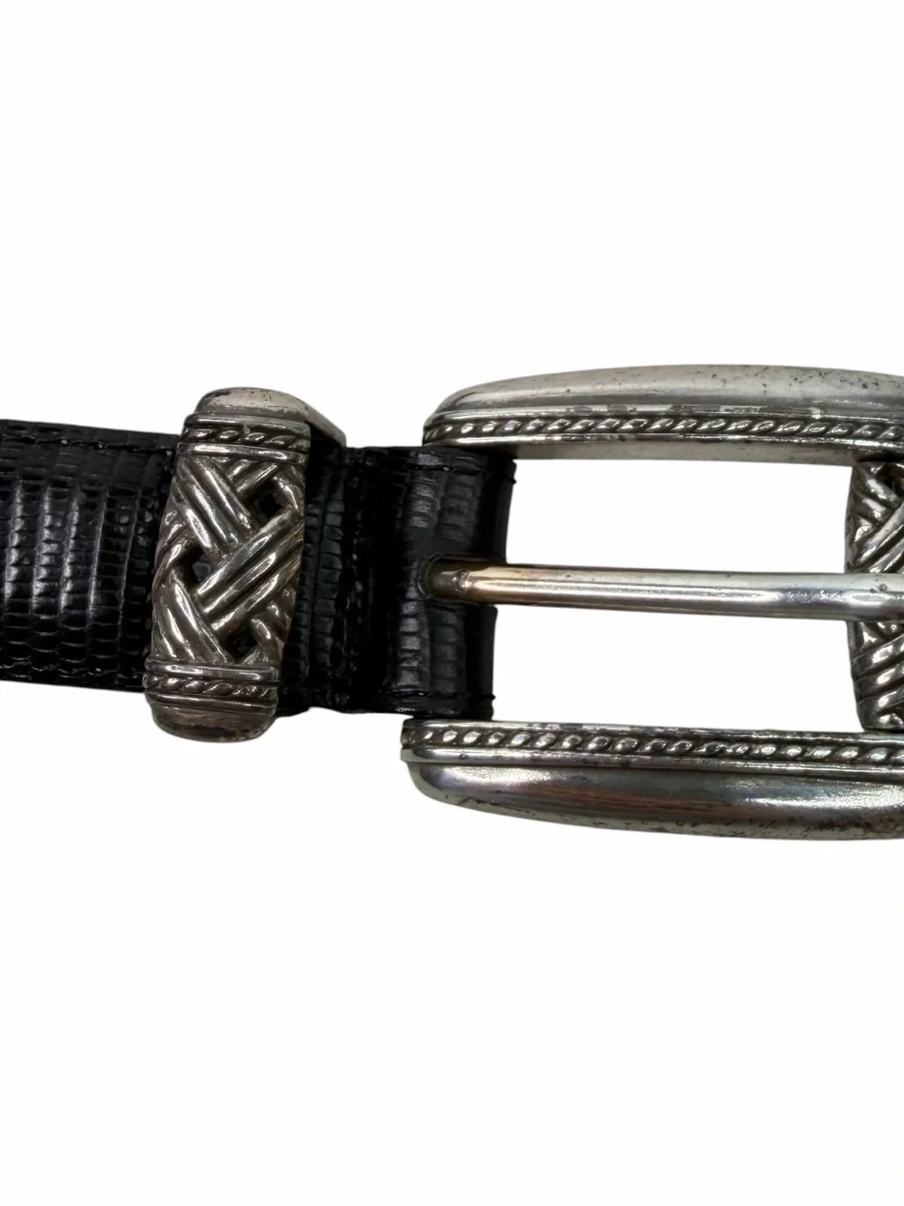 Brighton Black Snakeskin Embossed Leather Belt Basket Weave Silver Hardware 26